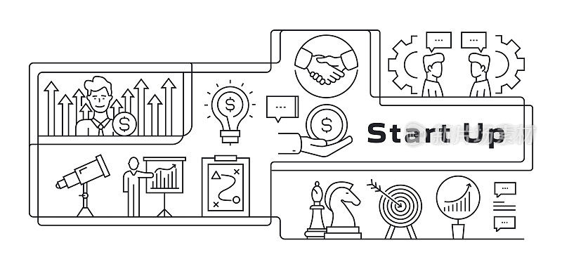 用图标启动Modern Line Banner。创新，计划，预算，战略，管理